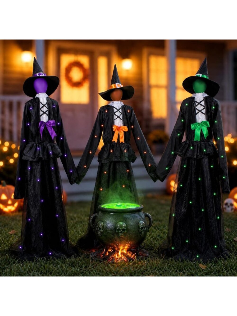 65-Inch Light-Up Witch Decoration Set of 3 - Solar-Powered Outdoor Graveyard